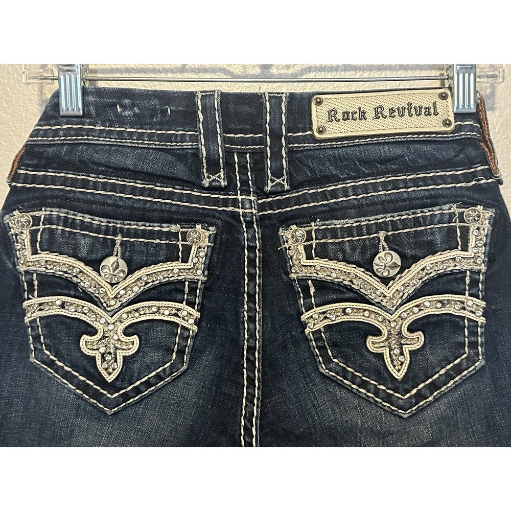 Rock Revival Karla Cuffed Skinny Blue Jeans Women 26 Denim BLING Embroidered